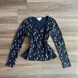 Vintage Y2K Navy & Silver Metallic Star Patterned Blouse
